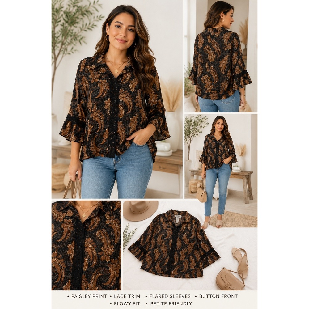 Studio I Petite Paisley Print Lace Trim Flared Sleeve Button Front Blouse Black